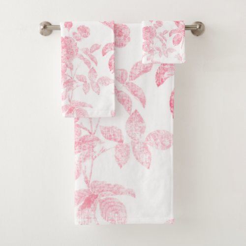Luxury Chic Floral Pink White Rose Pattern Bath Towel Set