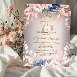 Luxury Chic Floral,String Lights 75th Birthday Invitation
