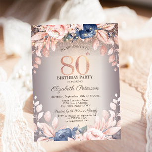 Luxury Chic Floral,String Lights 80th Birthday Invitation