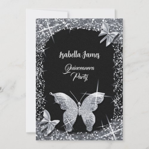 luxury chic glitter black silver Butterfly elegant Invitation