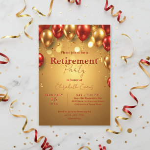 Luxury Chic Gold and Red Balloons Retirement Party Invitation