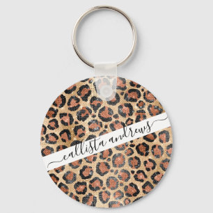 Luxury Chic Gold Black Brown Leopard Animal Print Keychain