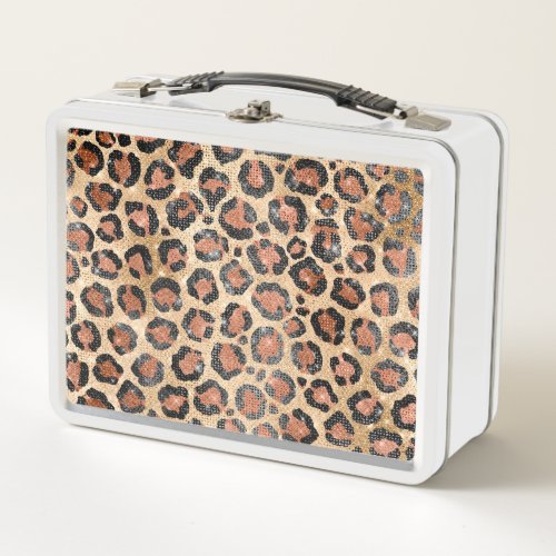 Luxury Chic Gold Black Brown Leopard Animal Print Metal Lunch Box