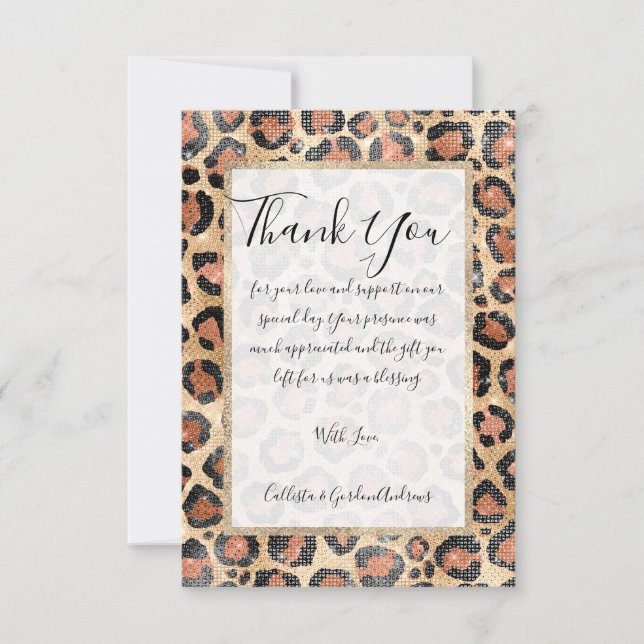 Luxury Chic Gold Black Brown Leopard Animal Print Thank You Card (Front)