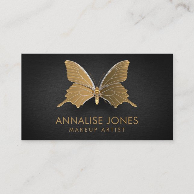 Luxury Chic Gold Butterfly on Black Slate Business Card (Front)