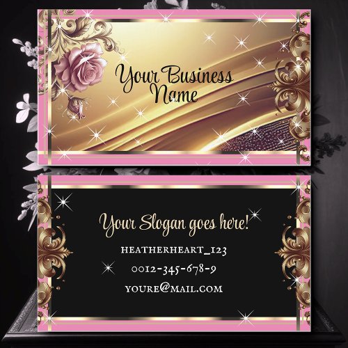Luxury Chic Gold Girly Pink Rose Flower Ornate Business Card