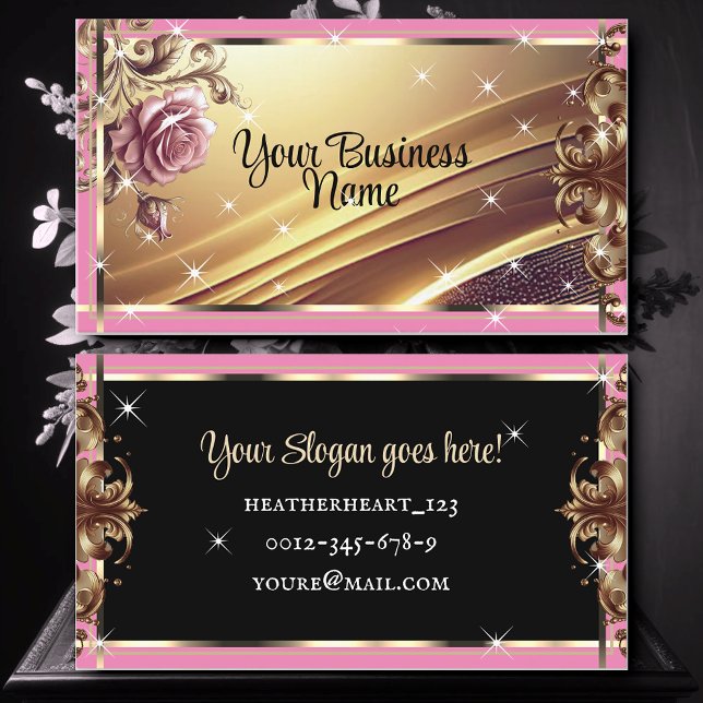 Luxury Chic Gold Girly Pink Rose Flower Ornate Business Card (Creator Uploaded)