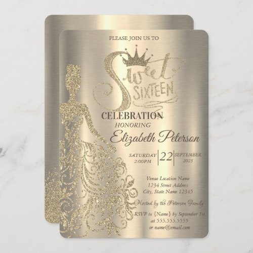 Luxury Chic Gold Glitter DressTiara Sweet 16  Invitation