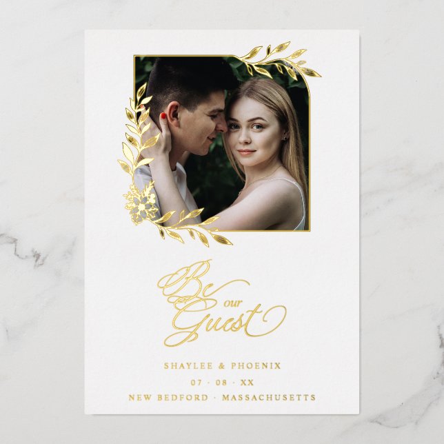 Luxury Chic Golden Branches Frame Photo Wedding Foil Invitation (Front)