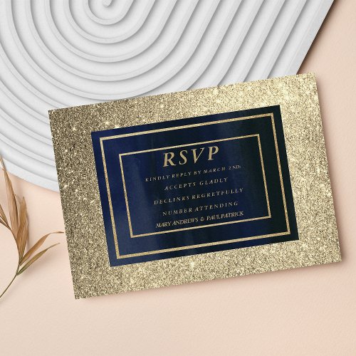 Luxury chic navy blue gold glitter RSVP