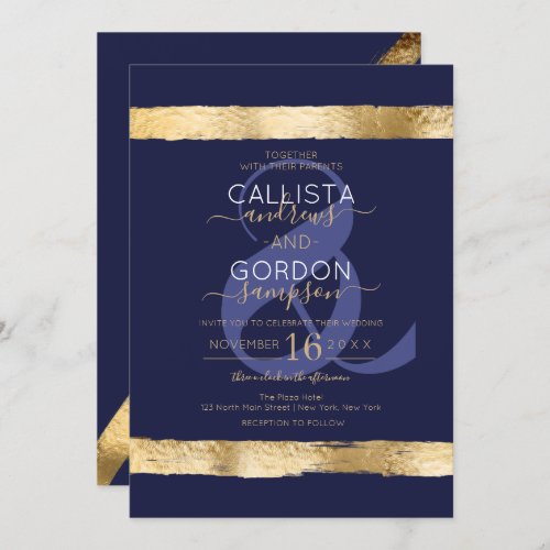 Luxury Chic Navy Gold Brushstroke Border Wedding Invitation