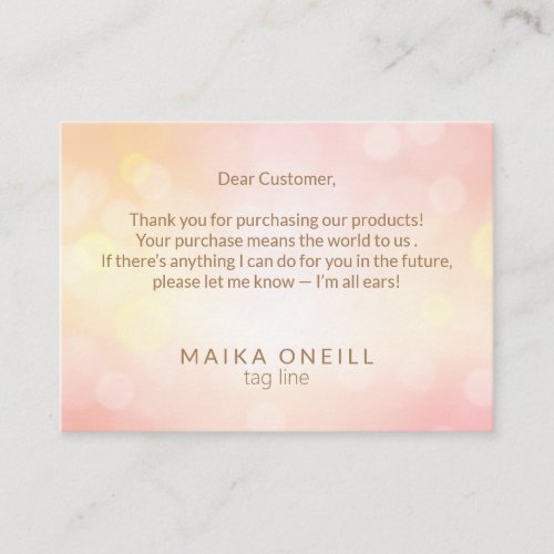 Luxury Chic Pink Bokeh thank you for your purchase Business Card