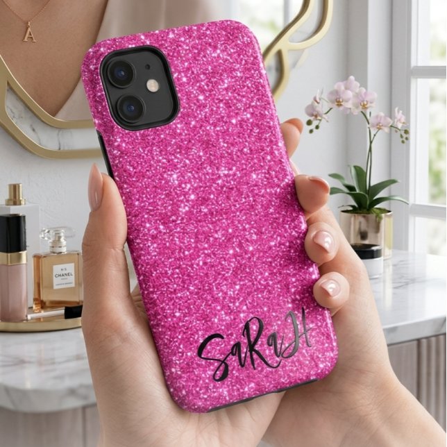 Luxury Chic Pink Glitter Sparkle Personalized Name Case-Mate iPhone Case (Creator Uploaded)