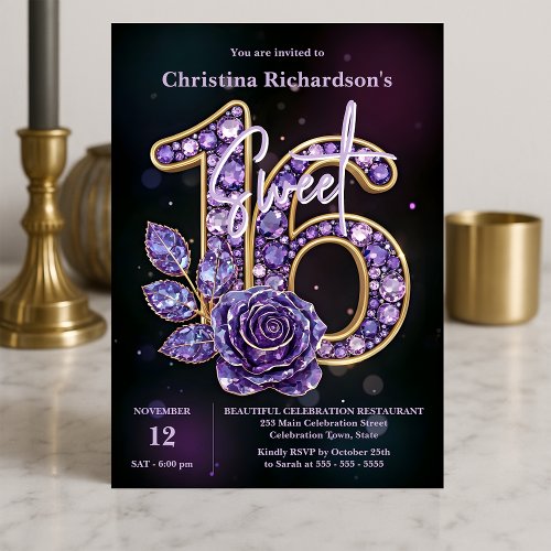 Luxury Chic Purple Amethyst Gemstone Rose Sweet 16 Invitation