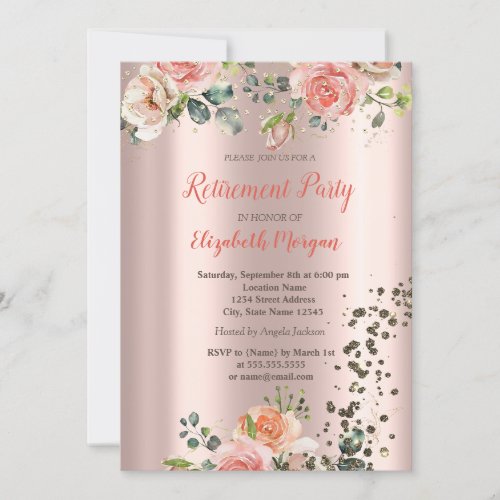 Luxury Chic Roses Diamonds Confetti Retirement  Invitation