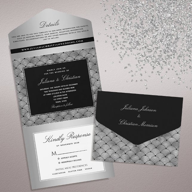 Luxury Chic Silver Black Wedding All In One Invitation (Creator Uploaded)