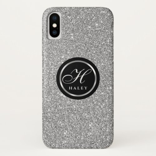 Luxury Chic Silver Gray Glitter Monogram Initial iPhone X Case