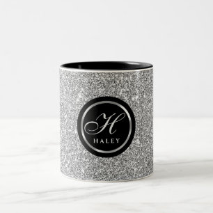 Luxury Chic Silver Gray Glitter Monogram Initial Two-Tone Coffee Mug