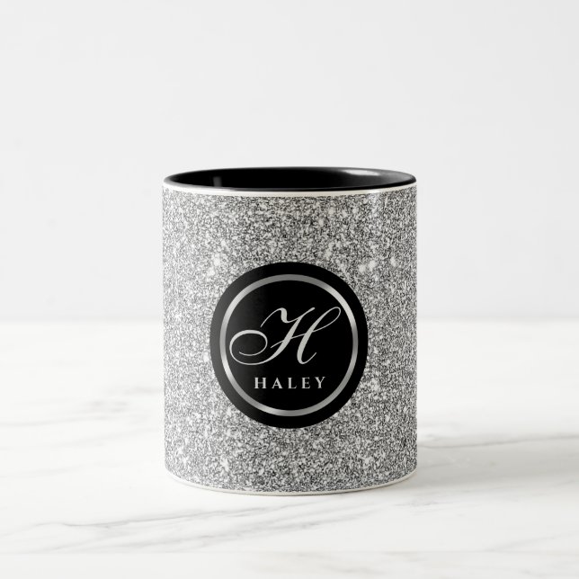 Luxury Chic Silver Gray Glitter Monogram Initial Two-Tone Coffee Mug (Center)
