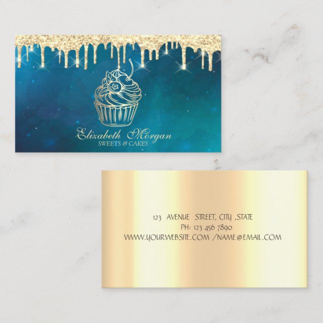 Luxury Chic Sweets Cupcake Faux Gold Drips Bakery Business Card (Front/Back)