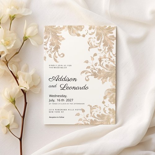 Luxury chic white gold floral lace Wedding Invitation