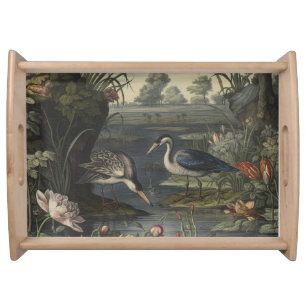 Luxury Chinoiserie Blue Crane Antique Botanical Serving Tray