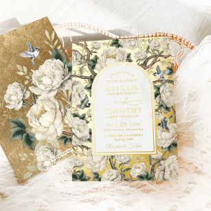 Luxury Chinoiserie Ivory Floral Birds Wedding Foil Invitation