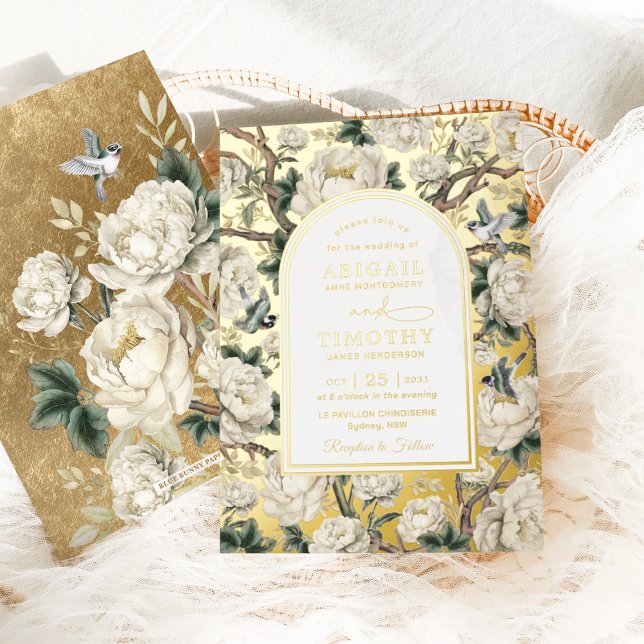 Luxury Chinoiserie Ivory Floral Birds Wedding Foil Invitation (Creator Uploaded)