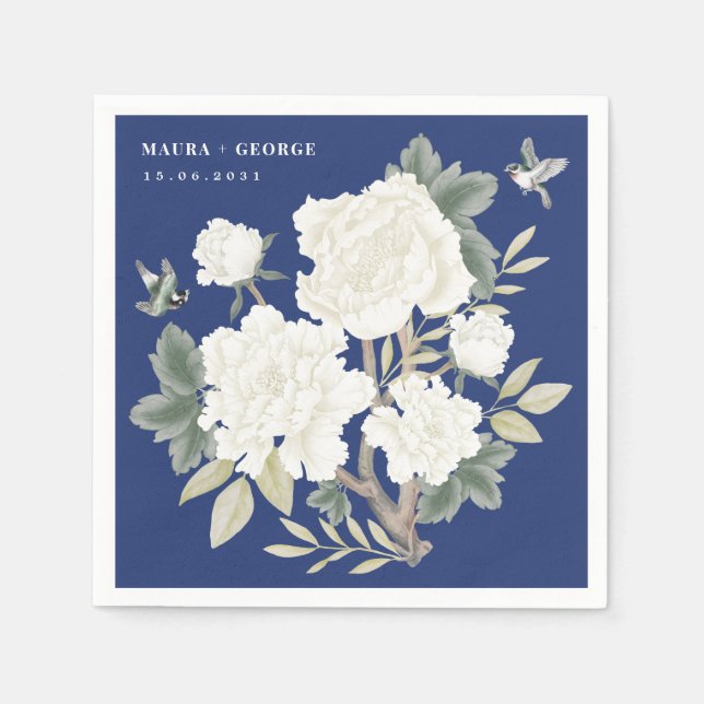 Luxury Chinoiserie Navy Blue Ivory Floral Wedding Napkins (Front)