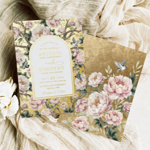 Luxury Chinoiserie Peony Floral Birds Wedding Foil Invitation
