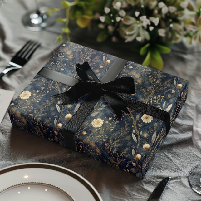 Luxury Christmas Navy and Cream Floral Gift  Wrapping Paper Sheets (Creator Uploaded)