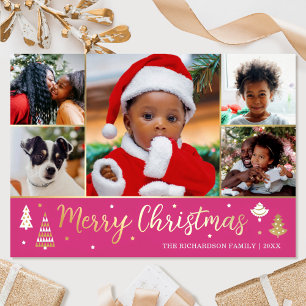 Luxury Christmas Photo Collage Festive Pink Gold Foil Holiday Card