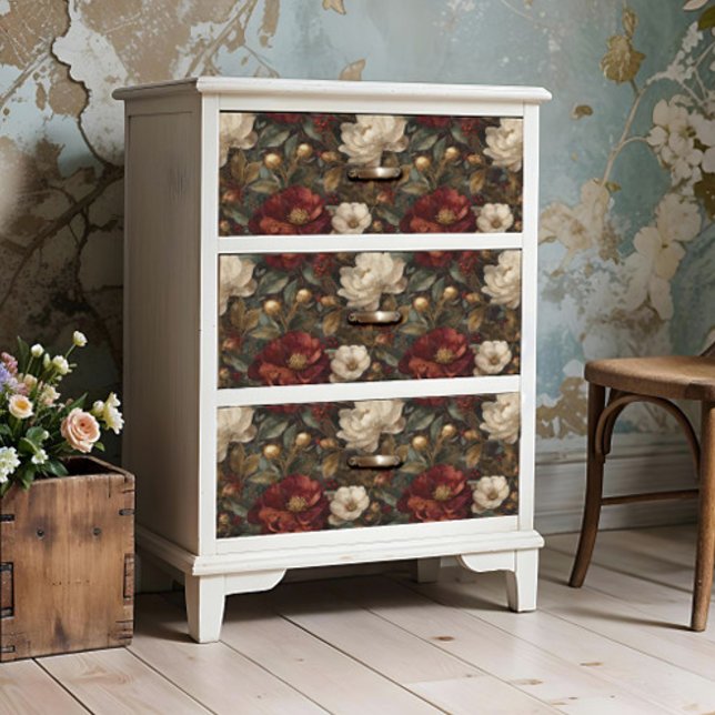 Luxury Christmas Red and Winter White Floral Tissue Paper (Creative Use Example – Pattern Shown for Decoupage Inspiration)