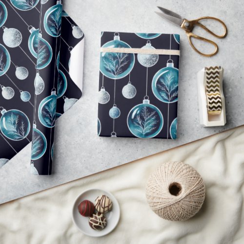 Luxury Christmas Watercolor Blue Botanical Baubles Wrapping Paper