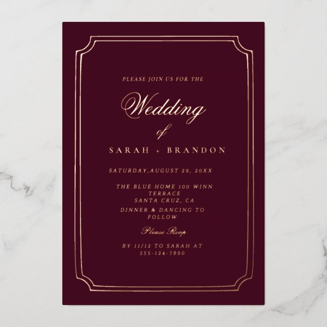 Luxury Classic Burgundy Gold Frame Wedding Foil Invitation (Front)