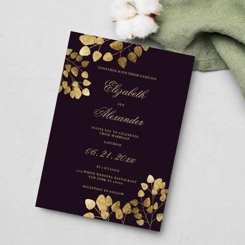 Luxury classic dark purple gold eucalyptus wedding invitation