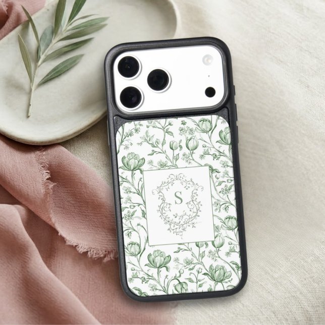 Luxury Classic Sage French Toile Monogram Crest Otterbox iPhone Case (Creator Uploaded)