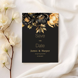 Luxury classy black gold peony flora Save the Date Invitation