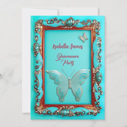 luxury classy gold turquoise Butterfly Quinceanera Invitation