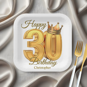 Luxury Classy Golden Royal Crown 30th Birthday Paper Plates