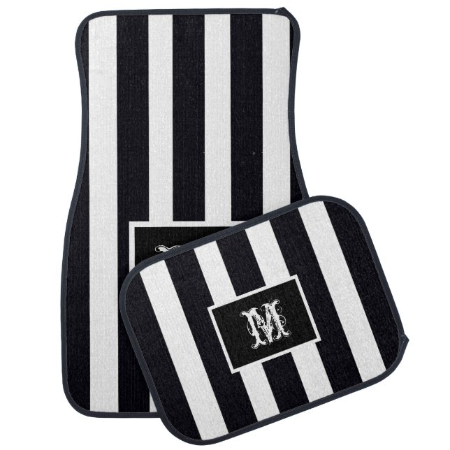 Luxury Classy Monogram Classic Black White Striped Car Floor Mat (Set)