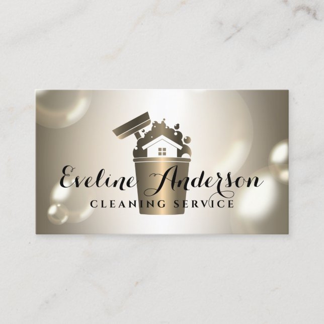 Luxury cleaning logo and bubbles business card (Front)