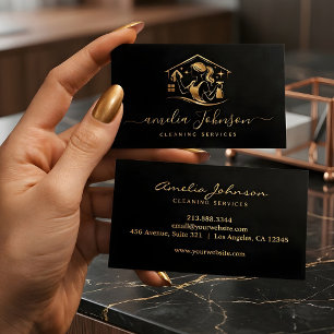 Luxury Cleaning Service Gold Housekeeping Logo Business Card