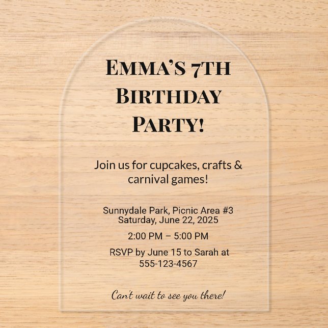 Luxury Clear Acrylic Birthday Party Invitations (Front)