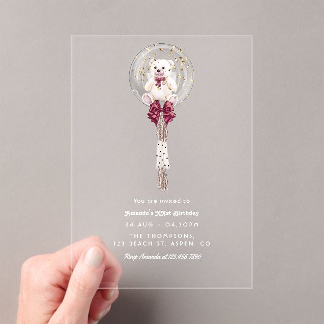 Luxury Clear Teddy Bear Balloon Birthday Party Acrylic Invitations (Insitu (Handheld))