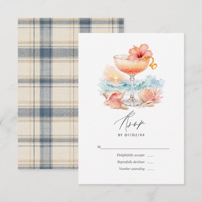 Luxury Coastal Chic Coral Cocktail Beach Wedding RSVP Card (Front/Back)