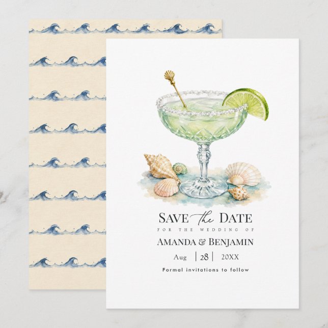 Luxury Coastal Chic Lime Cocktail Seashell Wedding Save The Date (Front/Back)