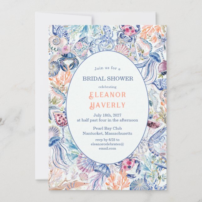Luxury Coastal Chinoiserie Seashell Bridal Shower Invitation (Front)