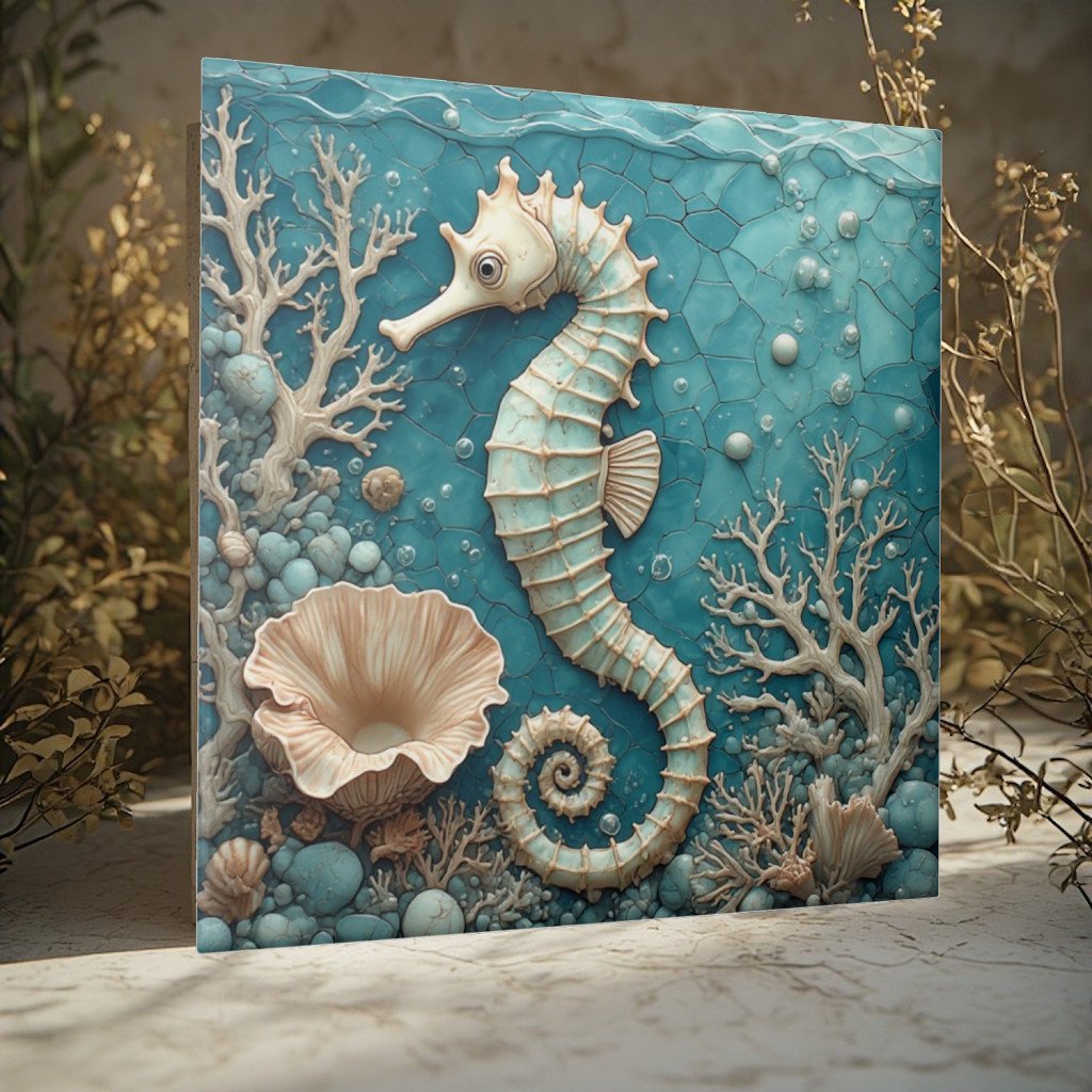 Luxury Coastal Seahorse Ocean Coral Pearl Aquablue Ceramic Tile
