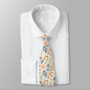 Luxury Coastal Seashell Blue Coral Peach Pattern Neck Tie